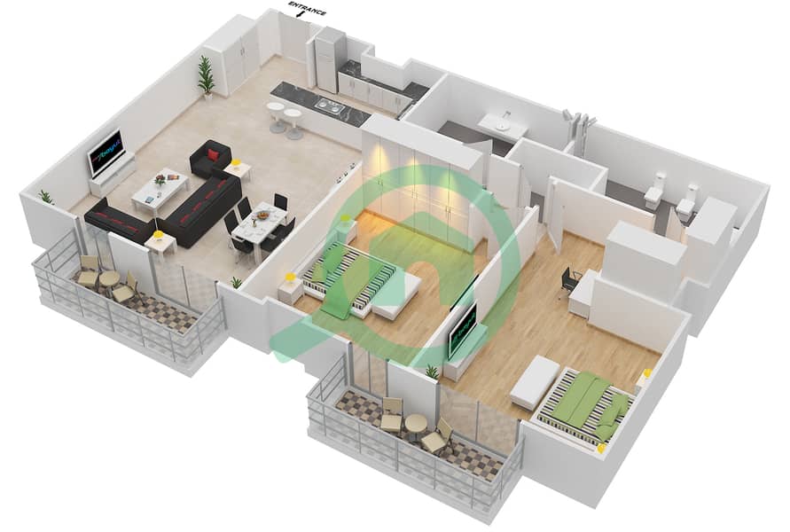阿尔巴萨 - 2 卧室公寓类型／单位2A/201戶型图 Unit 201 Floor 2
Unit 510 Floor 5 interactive3D