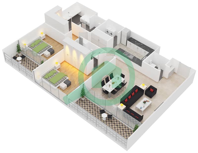阿尔萨纳1区 - 2 卧室公寓类型2D戶型图 interactive3D
