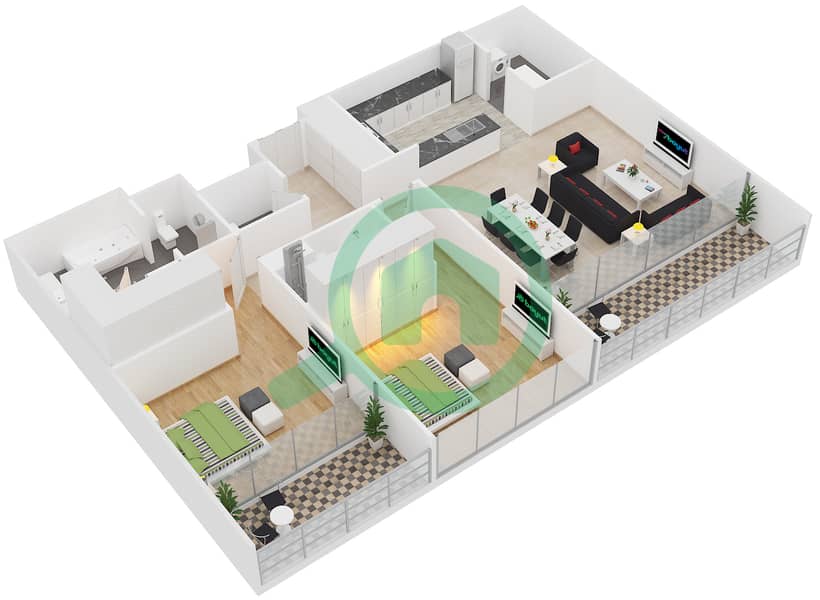 المخططات الطابقية لتصميم النموذج 2E شقة 2 غرفة نوم - السنا 1 interactive3D
