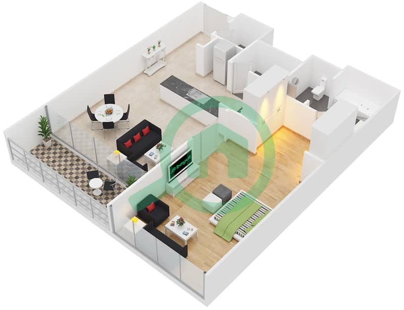 المخططات الطابقية لتصميم النموذج 1E شقة 1 غرفة نوم - السنا 1 interactive3D