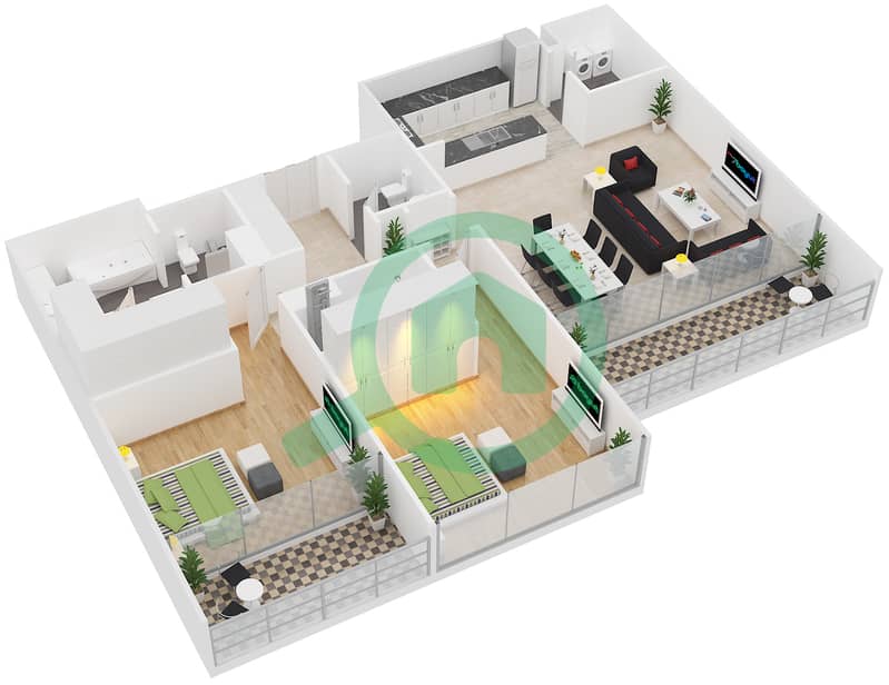 阿尔萨纳1区 - 2 卧室公寓类型2C戶型图 interactive3D