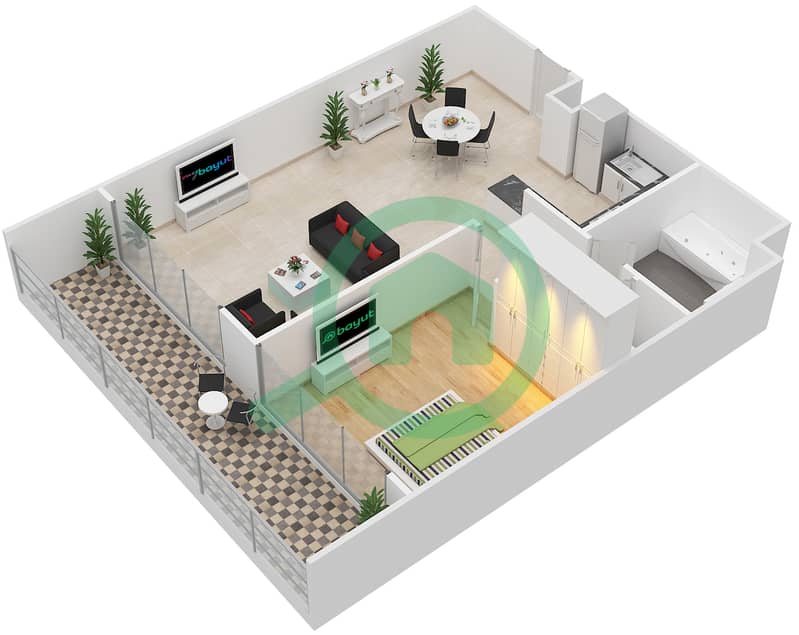 المخططات الطابقية لتصميم النموذج A شقة 1 غرفة نوم - الهديل interactive3D