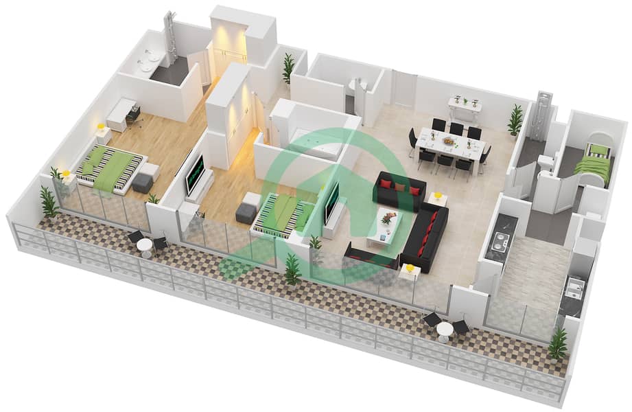 المخططات الطابقية لتصميم النموذج A شقة 2 غرفة نوم - الهديل interactive3D