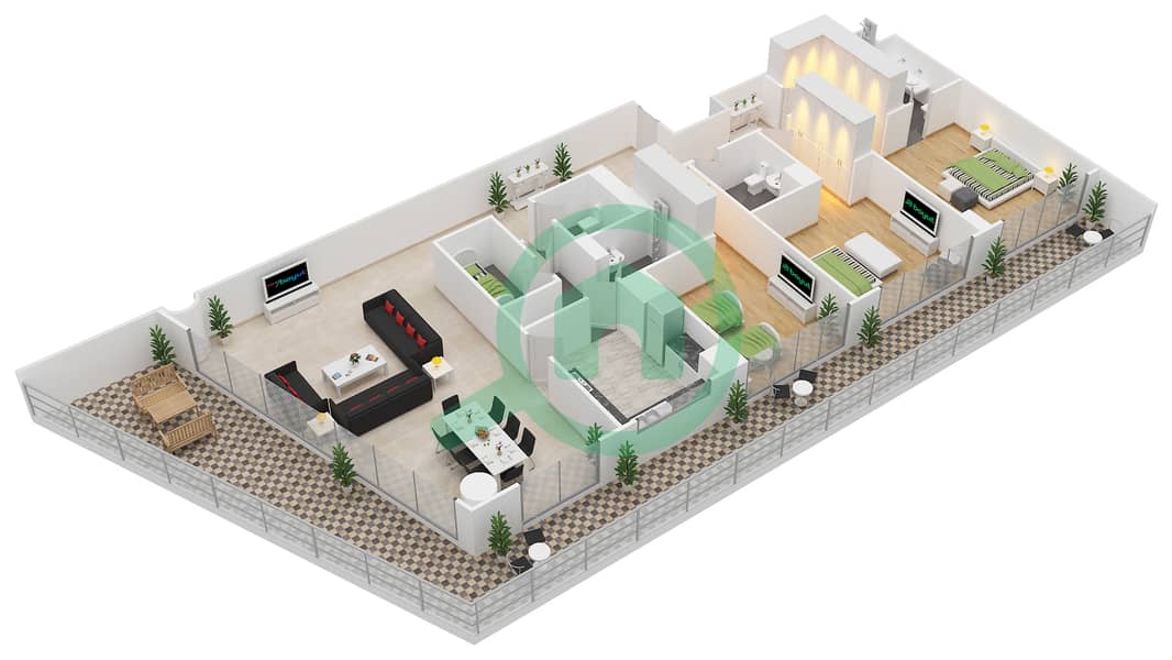 المخططات الطابقية لتصميم النموذج C شقة 3 غرف نوم - الهديل interactive3D