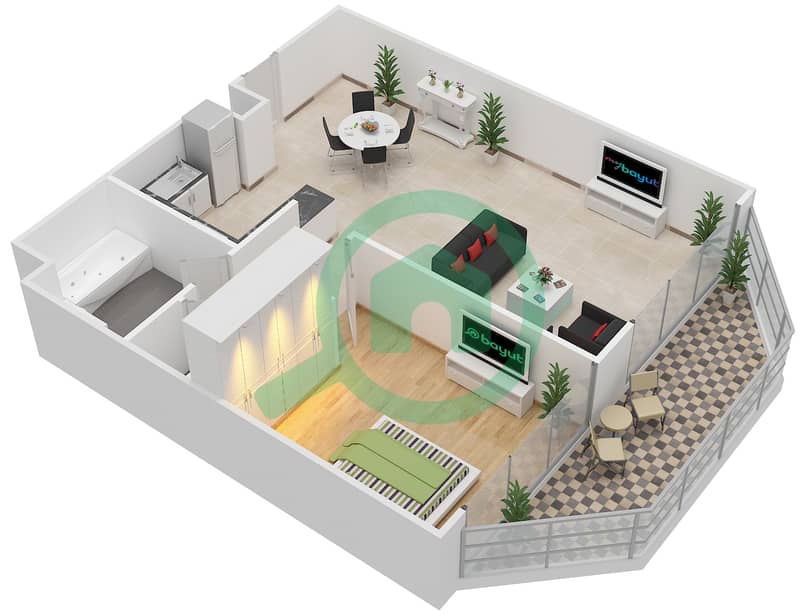 المخططات الطابقية لتصميم النموذج F شقة 1 غرفة نوم - الهديل interactive3D