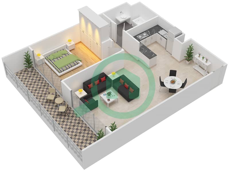 阿尔哈迪尔 - 1 卧室公寓类型H戶型图 interactive3D