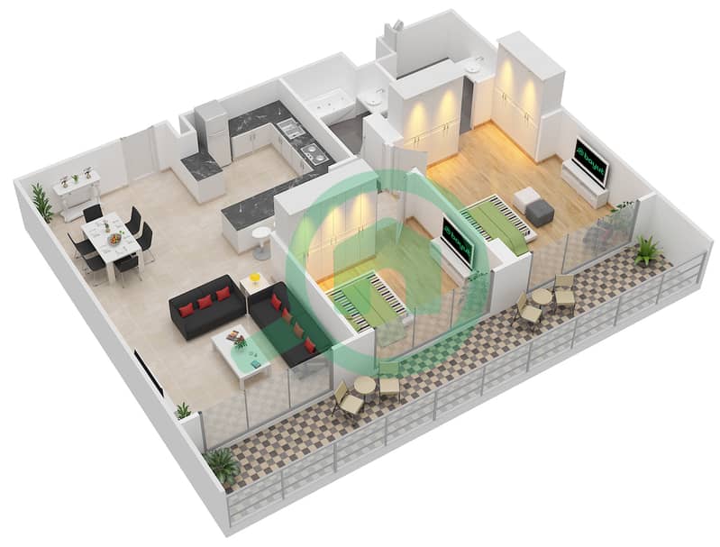 المخططات الطابقية لتصميم النموذج L شقة 2 غرفة نوم - الهديل interactive3D