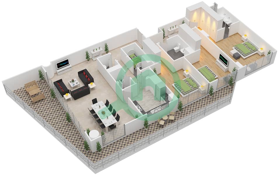 المخططات الطابقية لتصميم النموذج B شقة 3 غرف نوم - الهديل interactive3D