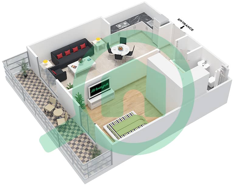 倒影公寓 - 1 卧室公寓类型A戶型图 interactive3D