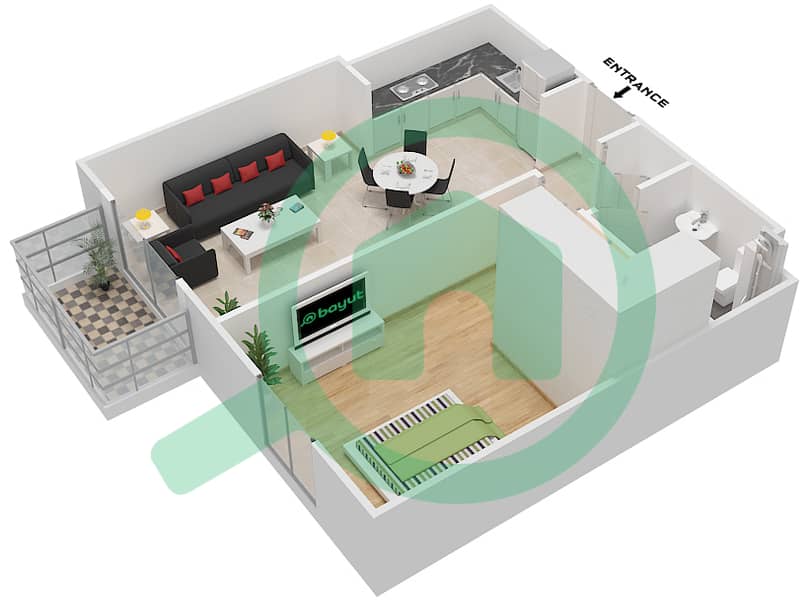المخططات الطابقية لتصميم النموذج B شقة 1 غرفة نوم - رفلكشن interactive3D