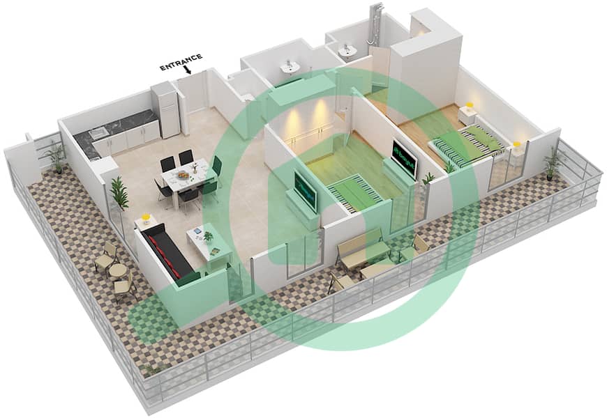المخططات الطابقية لتصميم النموذج A شقة 2 غرفة نوم - رفلكشن interactive3D