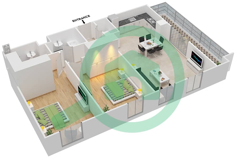 المخططات الطابقية لتصميم النموذج B-1A شقة 2 غرفة نوم - رفلكشن interactive3D