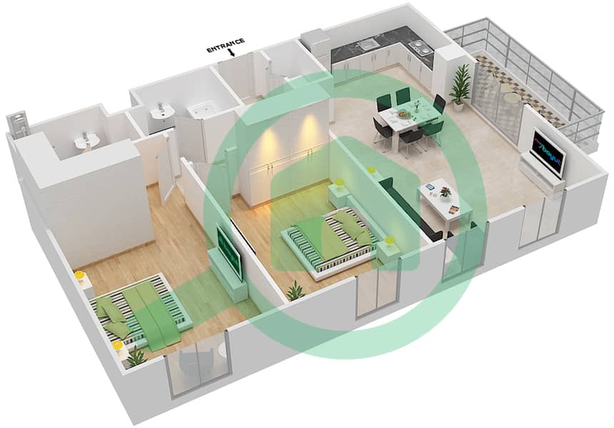 المخططات الطابقية لتصميم النموذج B-1 شقة 2 غرفة نوم - رفلكشن interactive3D