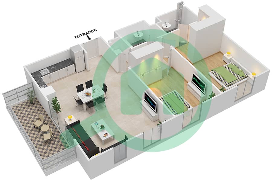 المخططات الطابقية لتصميم النموذج B شقة 2 غرفة نوم - رفلكشن interactive3D