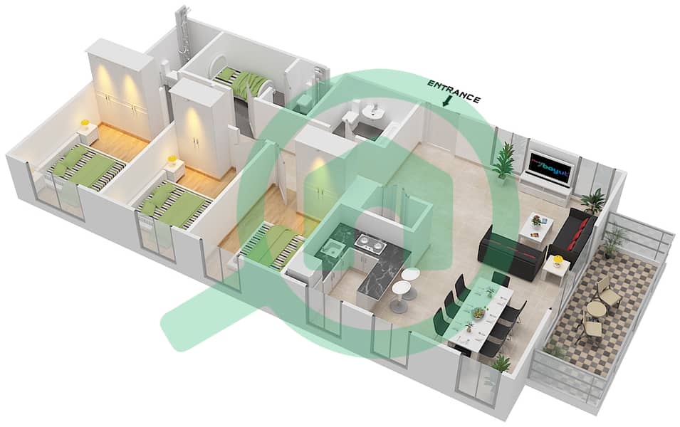 المخططات الطابقية لتصميم النموذج A شقة 3 غرف نوم - رفلكشن interactive3D