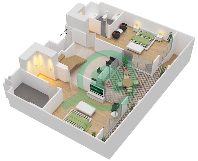 المخططات الطابقية لتصميم الوحدة TH4 - B تاون هاوس 3 غرف نوم - الهديل Lower Floor interactive3D