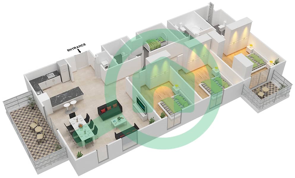 倒影公寓 - 3 卧室公寓类型B戶型图 interactive3D