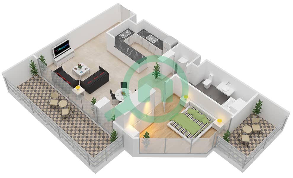 Аль Хадил - Апартамент 1 Спальня планировка Тип C interactive3D