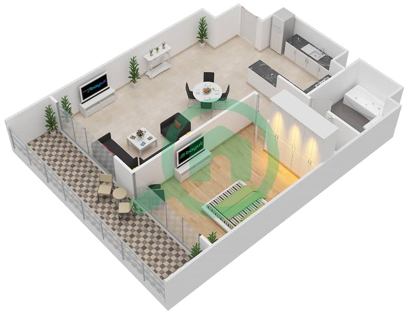 المخططات الطابقية لتصميم النموذج E شقة 1 غرفة نوم - الهديل interactive3D