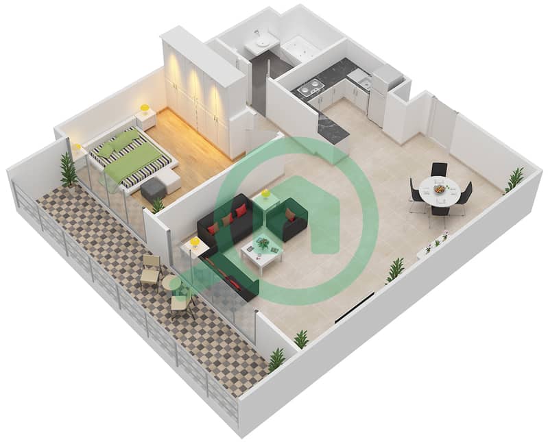 المخططات الطابقية لتصميم النموذج G شقة 1 غرفة نوم - الهديل interactive3D