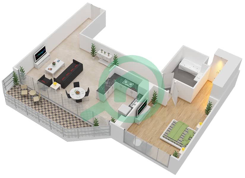 Al Hadeel - 1 Bedroom Apartment Type D Floor plan interactive3D