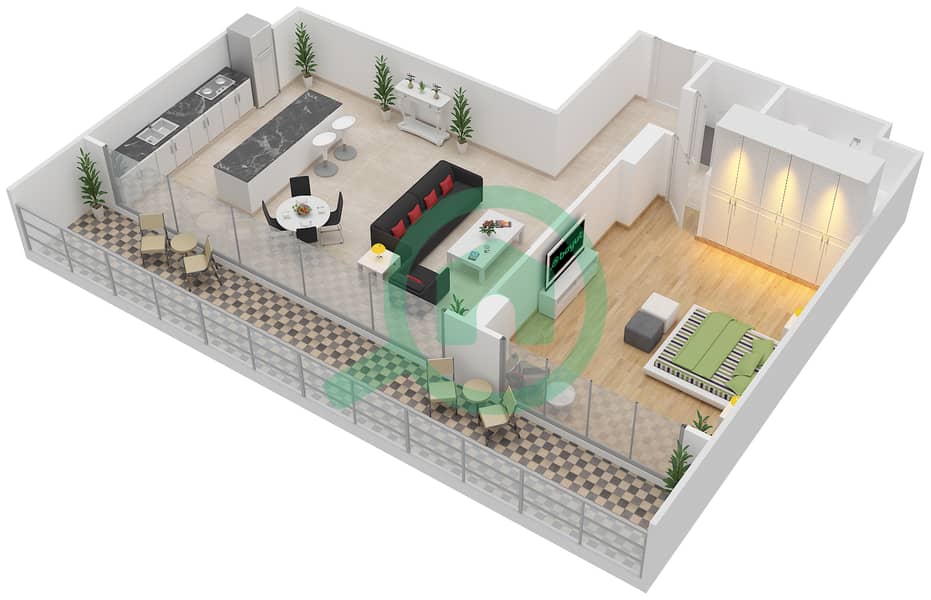 المخططات الطابقية لتصميم النموذج B شقة 1 غرفة نوم - الهديل interactive3D