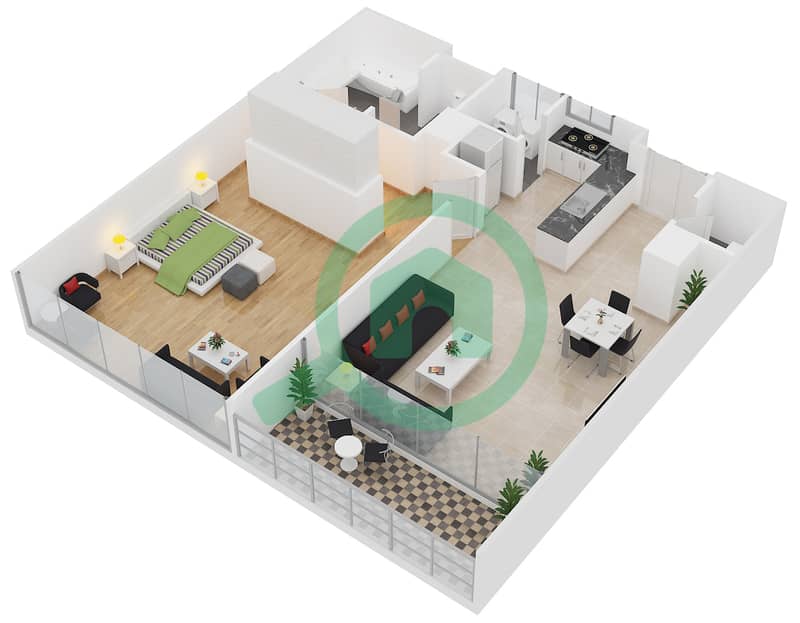 阿尔纳达1区 - 1 卧室公寓类型1B戶型图 interactive3D