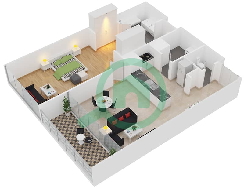 المخططات الطابقية لتصميم النموذج 1C شقة 1 غرفة نوم - الندى 1 interactive3D