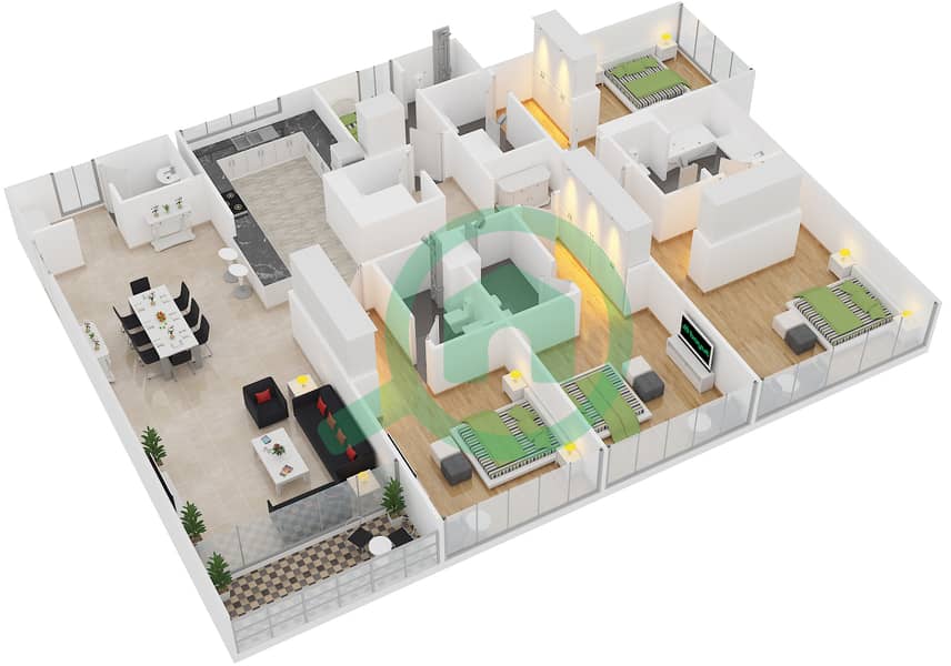 المخططات الطابقية لتصميم النموذج 4A شقة 4 غرف نوم - الندى 1 interactive3D