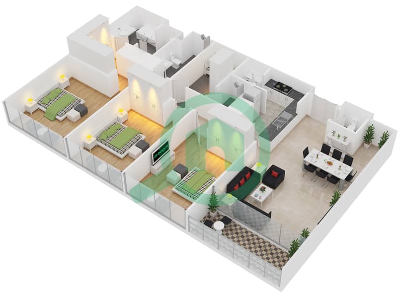 阿尔纳达1区 - 3 卧室公寓类型3B戶型图 interactive3D