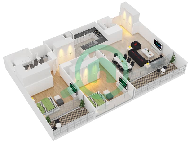 المخططات الطابقية لتصميم النموذج 2F شقة 2 غرفة نوم - الندى 1 interactive3D