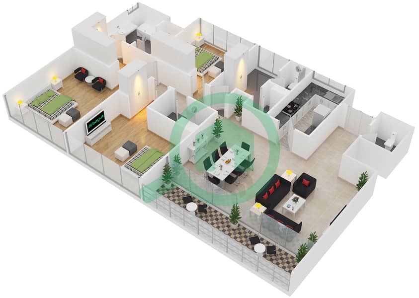 المخططات الطابقية لتصميم النموذج 3A شقة 3 غرف نوم - الندى 1 interactive3D