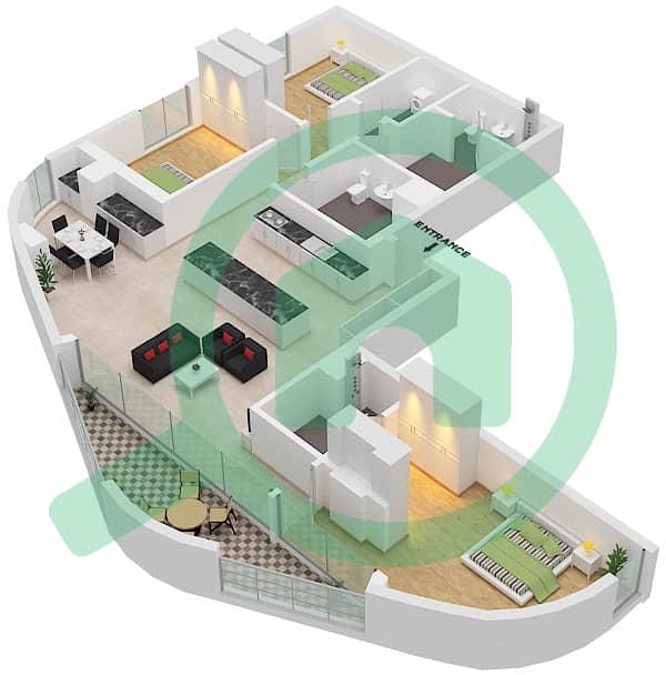 المخططات الطابقية لتصميم النموذج / الوحدة C/01 شقة 3 غرف نوم - برج ميرا شمس 1 interactive3D
