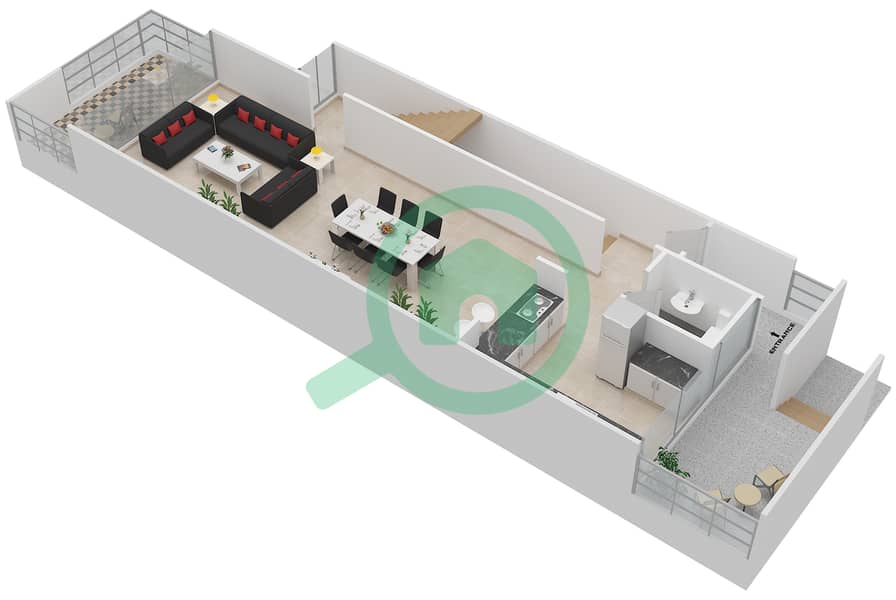 المخططات الطابقية لتصميم النموذج 3C تاون هاوس 3 غرف نوم - المنيرة تاون هاوس - الجزيرة Ground Floor interactive3D