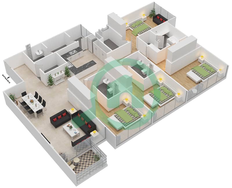 Аль-Мунеера Таунхаус Айланд - Апартамент 4 Cпальни планировка Тип D interactive3D