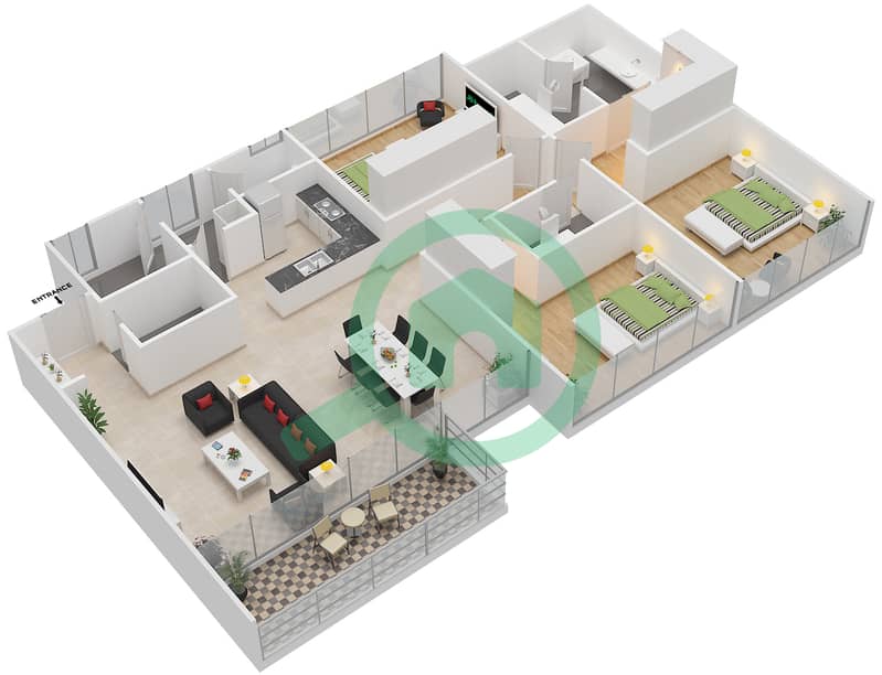 المخططات الطابقية لتصميم النموذج C شقة 3 غرف نوم - المنيرة تاون هاوس - الجزيرة interactive3D