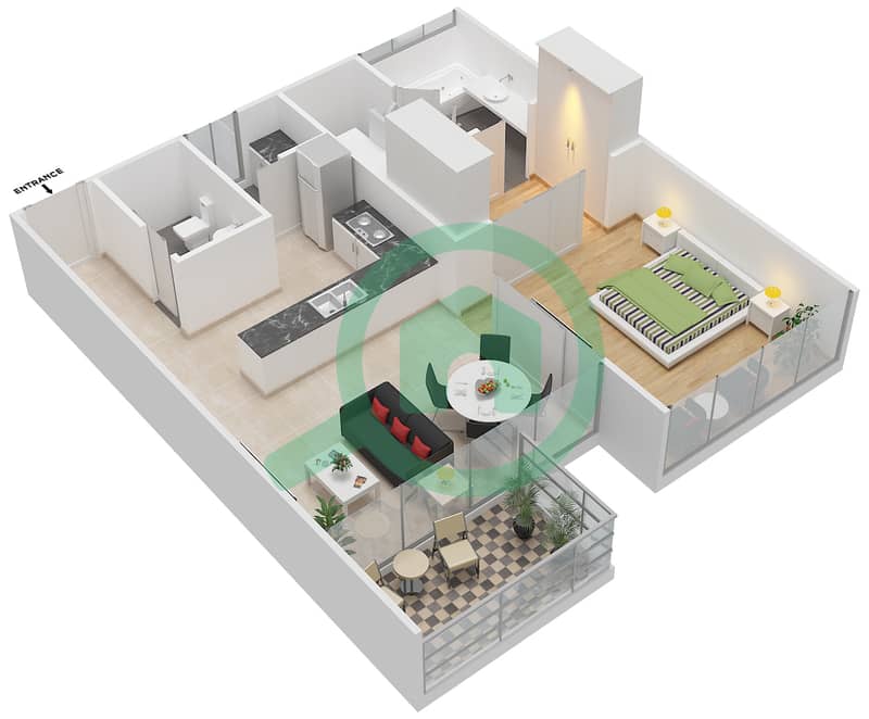 المخططات الطابقية لتصميم النموذج A شقة 1 غرفة نوم - المنيرة تاون هاوس - الجزيرة interactive3D