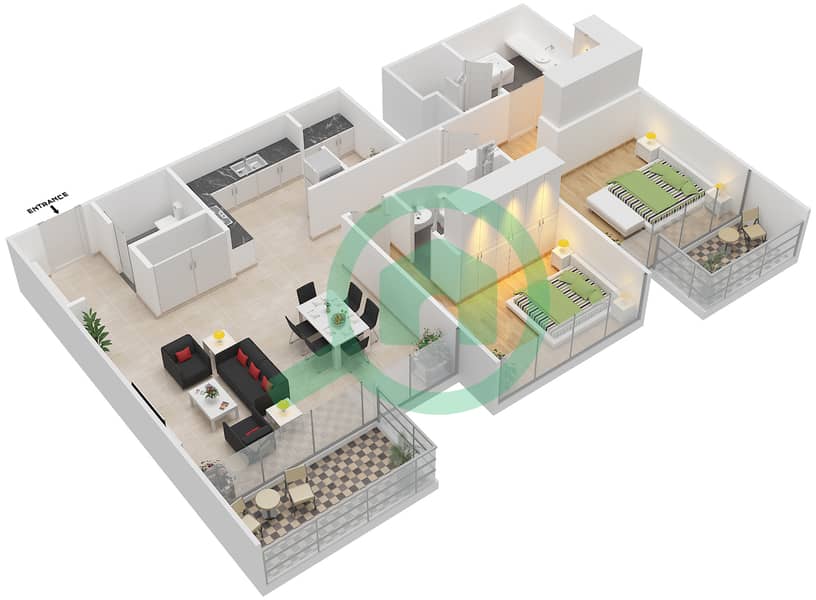Al Muneera Townhouses Island - 2 Bedroom Apartment Type B Floor plan interactive3D