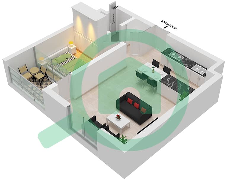 Meera Shams Tower 2 - 1 Bedroom Apartment Type A Floor plan interactive3D