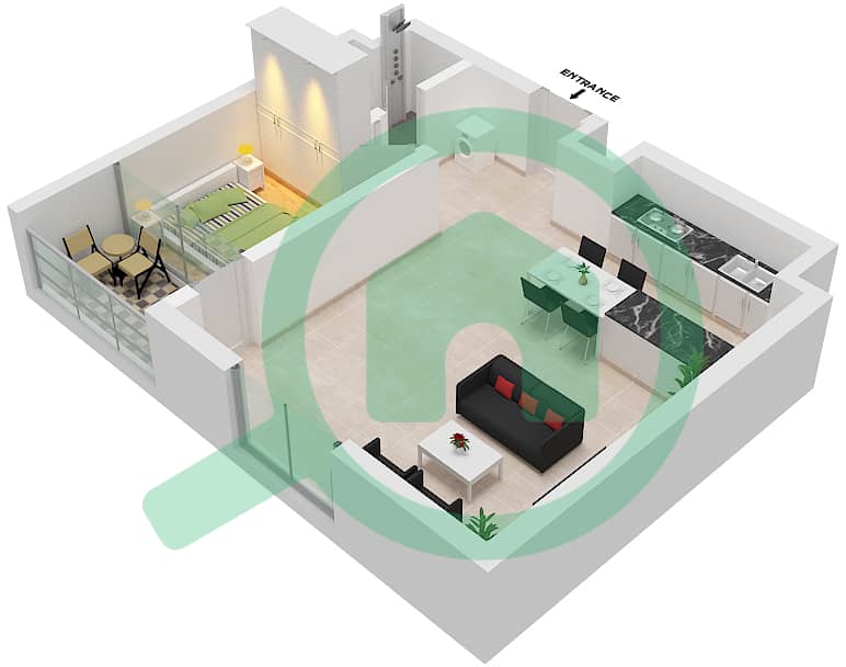 المخططات الطابقية لتصميم النموذج B شقة 1 غرفة نوم - برج ميرا شمس 2 interactive3D