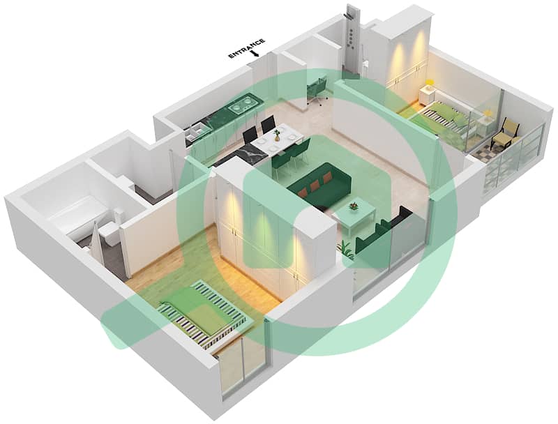 迈拉-沙姆斯2号大厦 - 2 卧室公寓类型D戶型图 interactive3D
