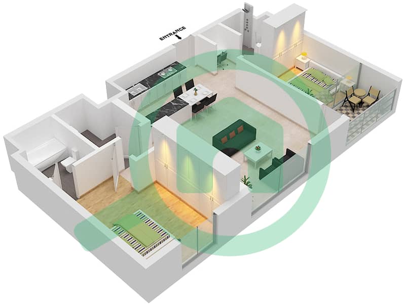 المخططات الطابقية لتصميم النموذج F شقة 2 غرفة نوم - برج ميرا شمس 2 interactive3D