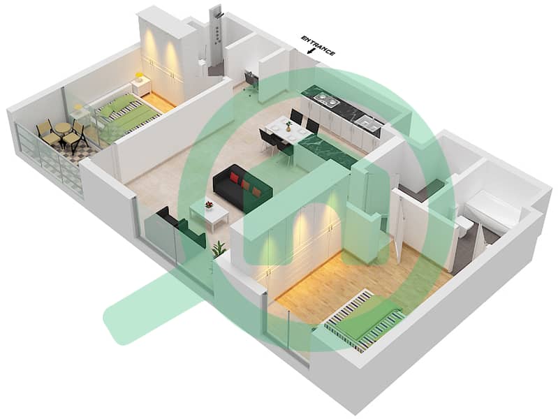 المخططات الطابقية لتصميم النموذج G شقة 2 غرفة نوم - برج ميرا شمس 2 interactive3D