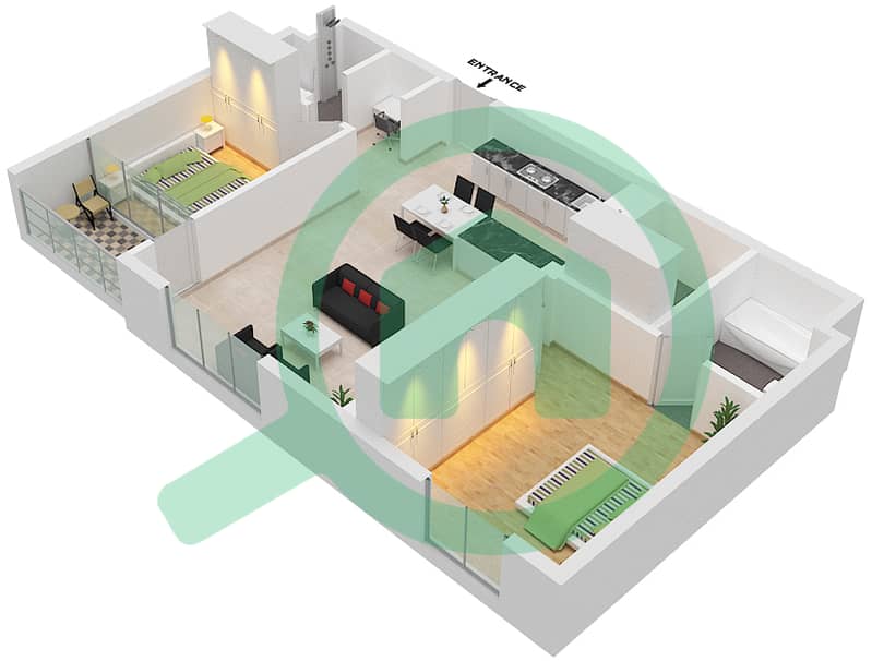 Меера Шамс Тауэр 2 - Апартамент 2 Cпальни планировка Тип B interactive3D