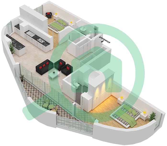 المخططات الطابقية لتصميم النموذج C شقة 2 غرفة نوم - برج ميرا شمس 2 interactive3D