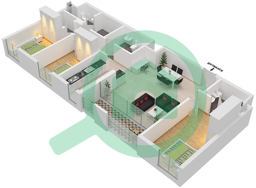 Meera Shams Tower 2 - 3 Bedroom Apartment Type D Floor plan interactive3D
