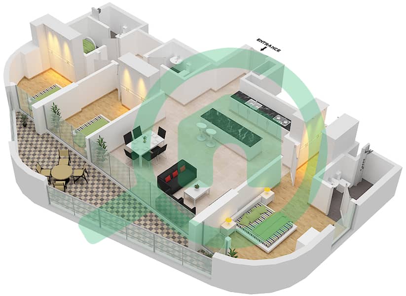 Meera Shams Tower 2 - 3 Bedroom Apartment Type A Floor plan interactive3D