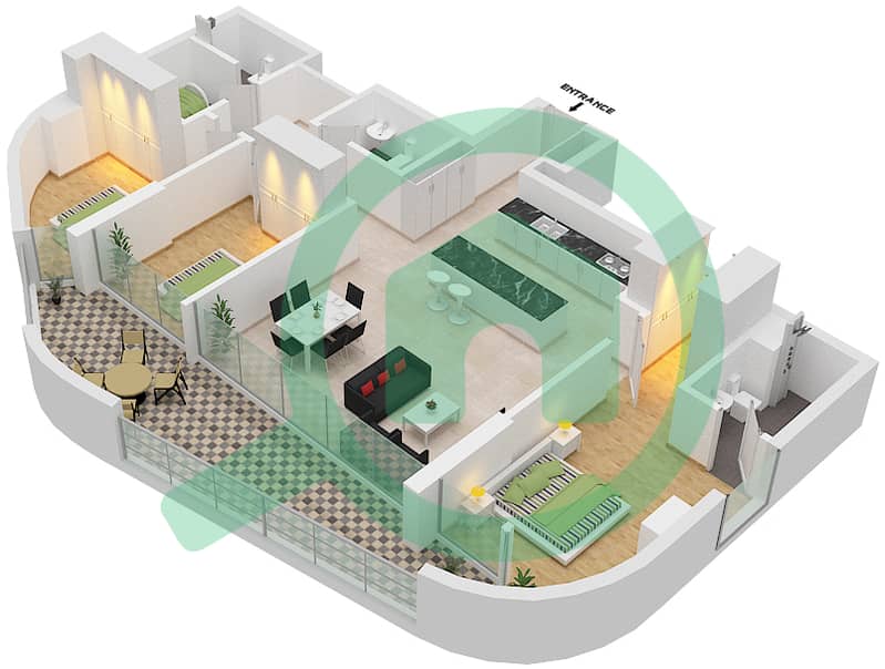 Meera Shams Tower 2 - 3 Bedroom Apartment Type B Floor plan interactive3D