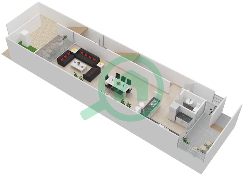 المخططات الطابقية لتصميم النموذج 3B تاون هاوس 3 غرف نوم - المنيرة تاون هاوس - الجزيرة Ground Floor interactive3D