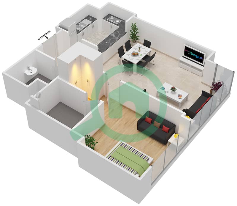 المخططات الطابقية لتصميم النموذج A-1 شقة 1 غرفة نوم - الموجة interactive3D